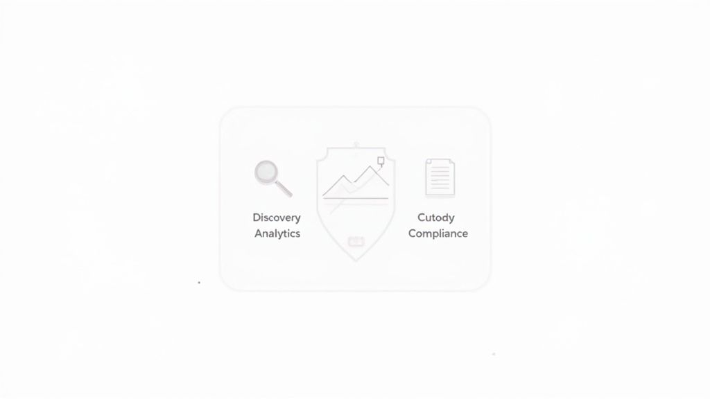 A visual representation of key platform features including Discovery Analytics, secure data insights, and Custody Compliance.