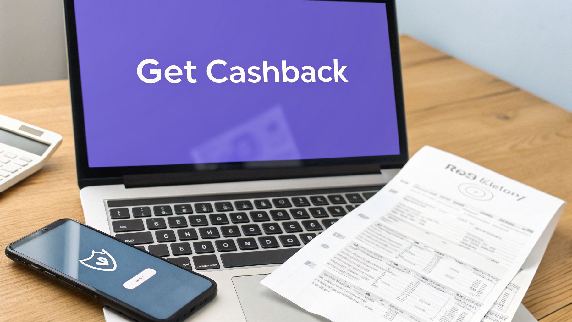 A laptop displaying 'Get Cashback' on its screen, next to a smartphone, calculator, and financial papers on a wooden desk.