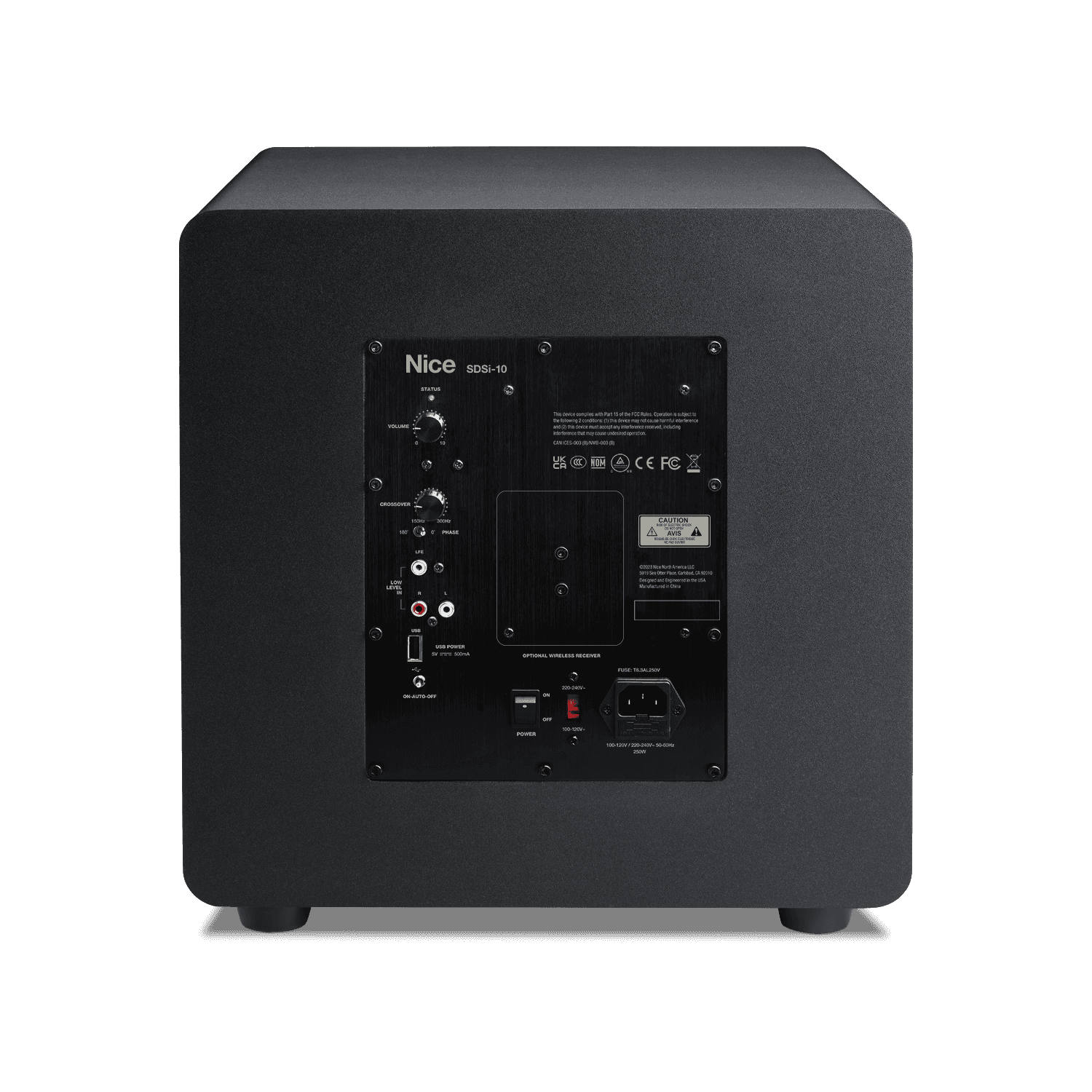 Nice SDSi-10 subwoofer rear panel with controls and inputs
