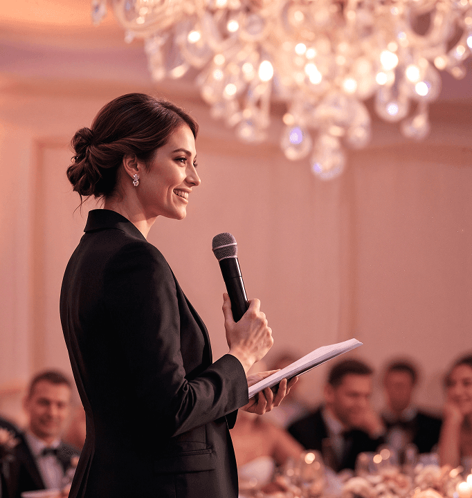 Ведущий в чёрном костюме с микрофоном выступает на торжественном мероприятии