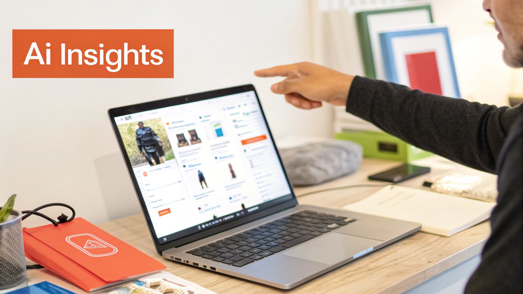 A person points at a laptop screen displaying product listings and 'Ai Insights' on a modern desk setup.