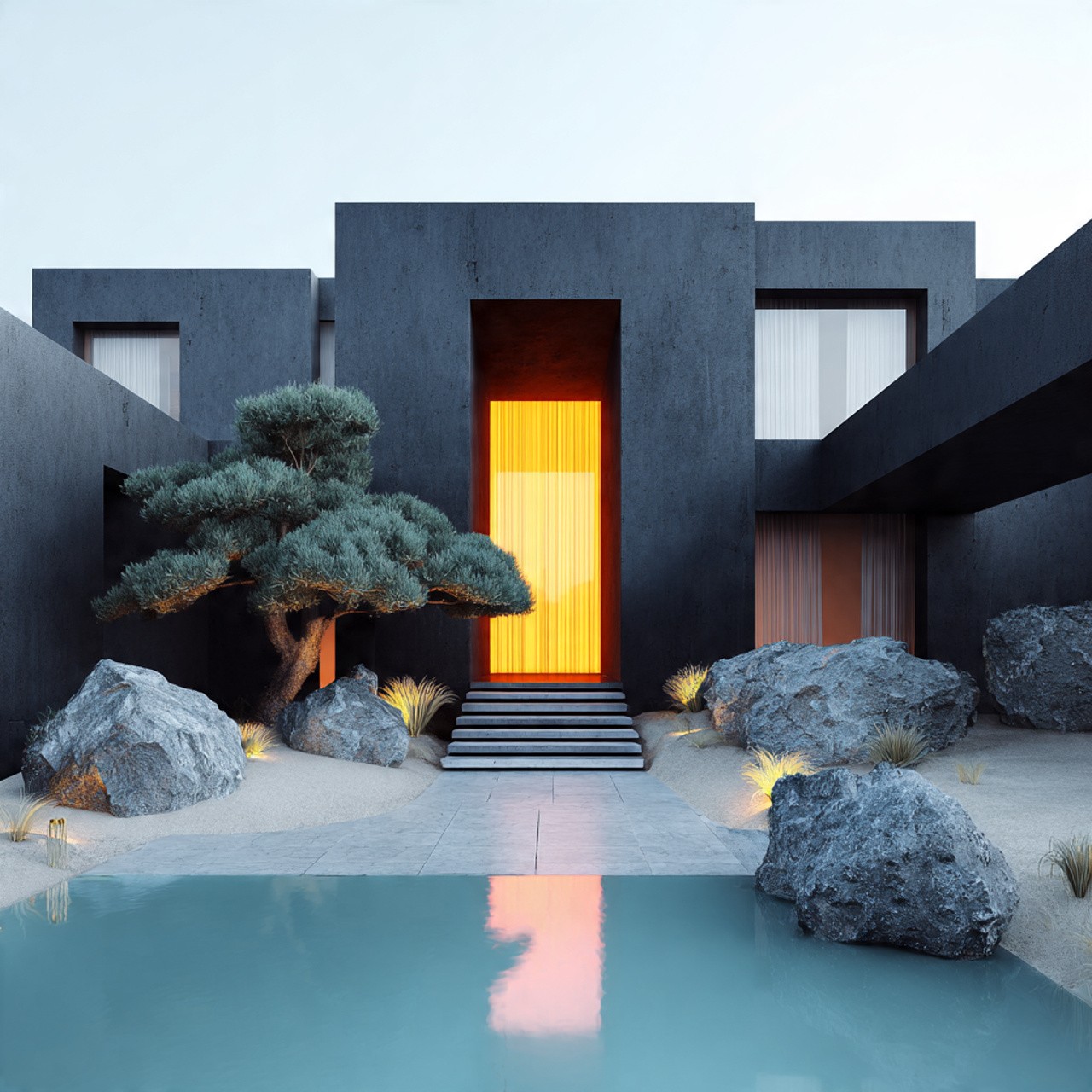 Modern minimalist house with dark exterior, large orange door, and a calm pool in the foreground. Sparse landscaping includes rocks and a tree.