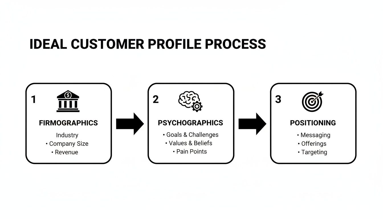 Diagram outlining the Ideal Customer Profile Process, including firmographics, psychographics, and positioning steps.