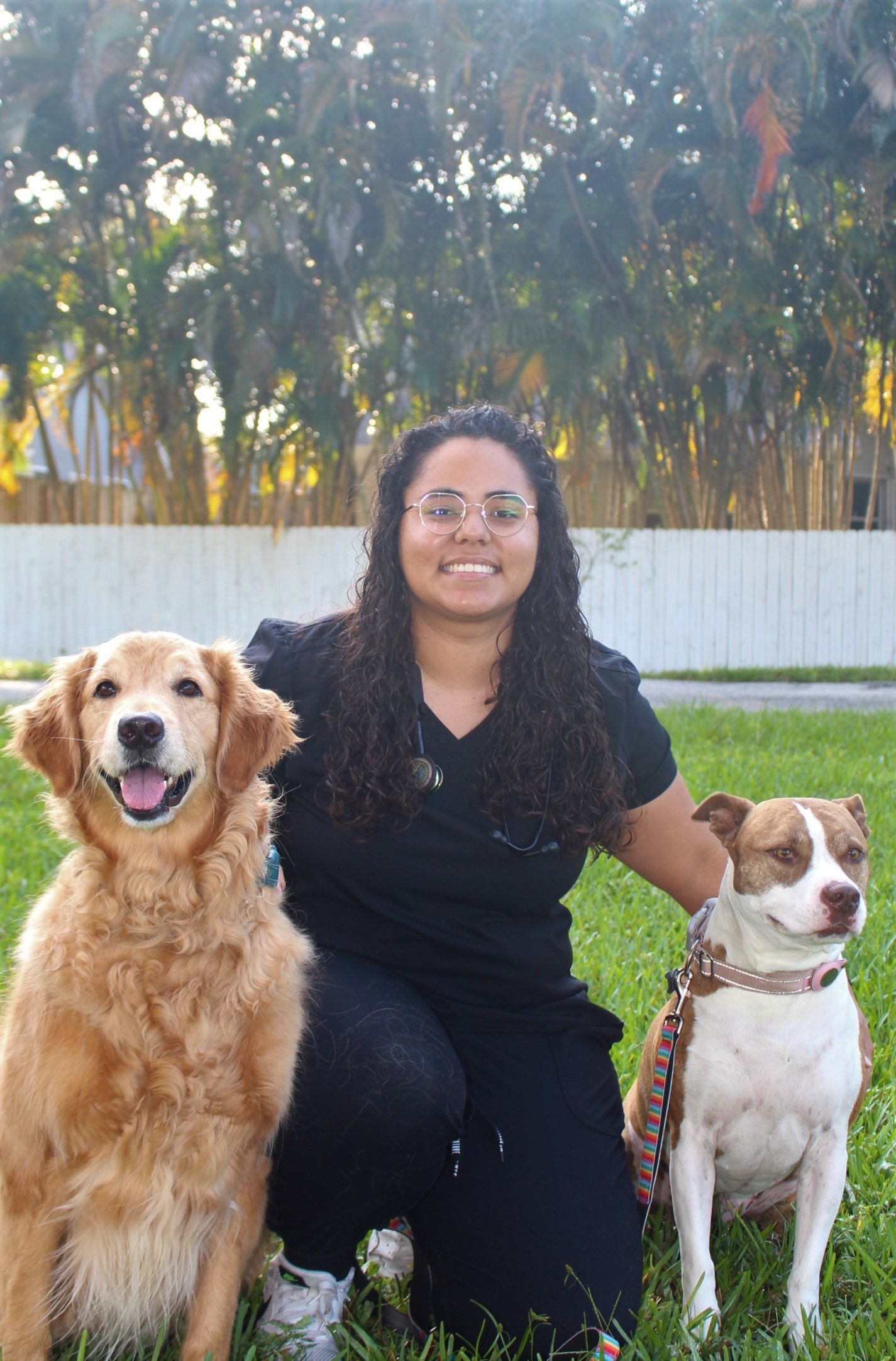 dr.rodriguez kneeling on grass with a golden retriever on her left and a pittie mix on her right