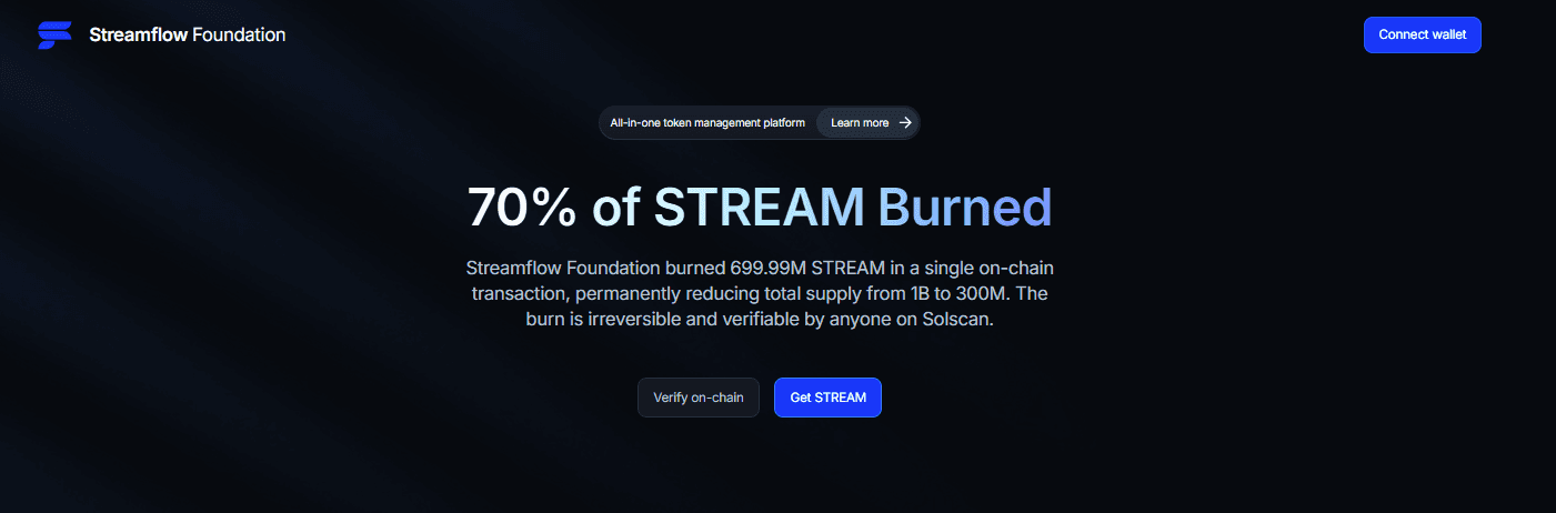 Streamflow Foundation Burns 70% of Total STREAM Supply
