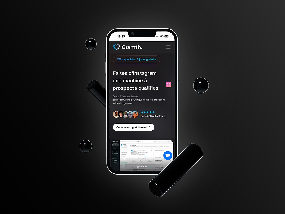 Section hero mobile du site Gramth.ai, automatisations Instagram par Keyz Digital.