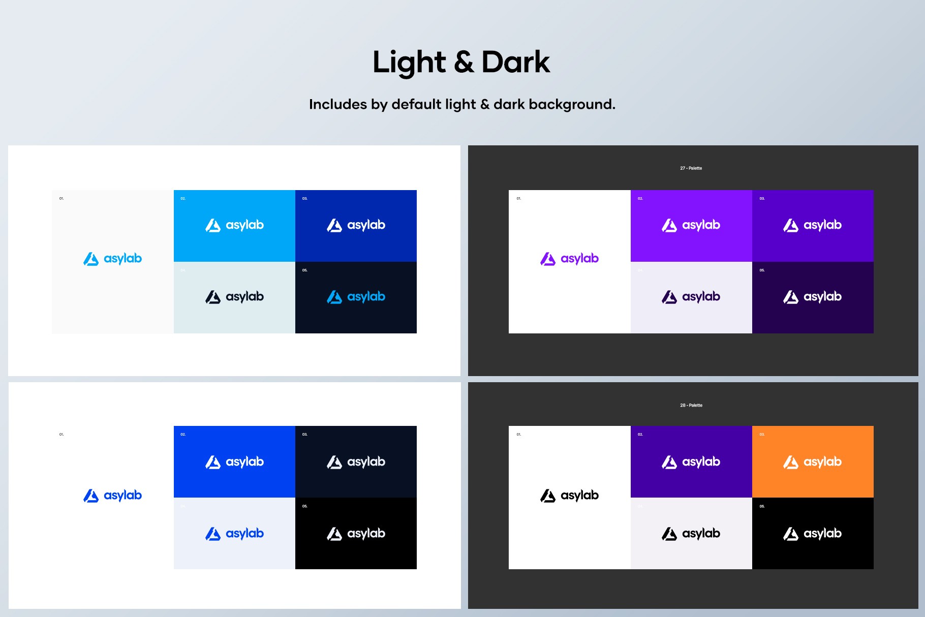 Light & Dark mode logo mockups displaying color variations on both light and dark backgrounds.