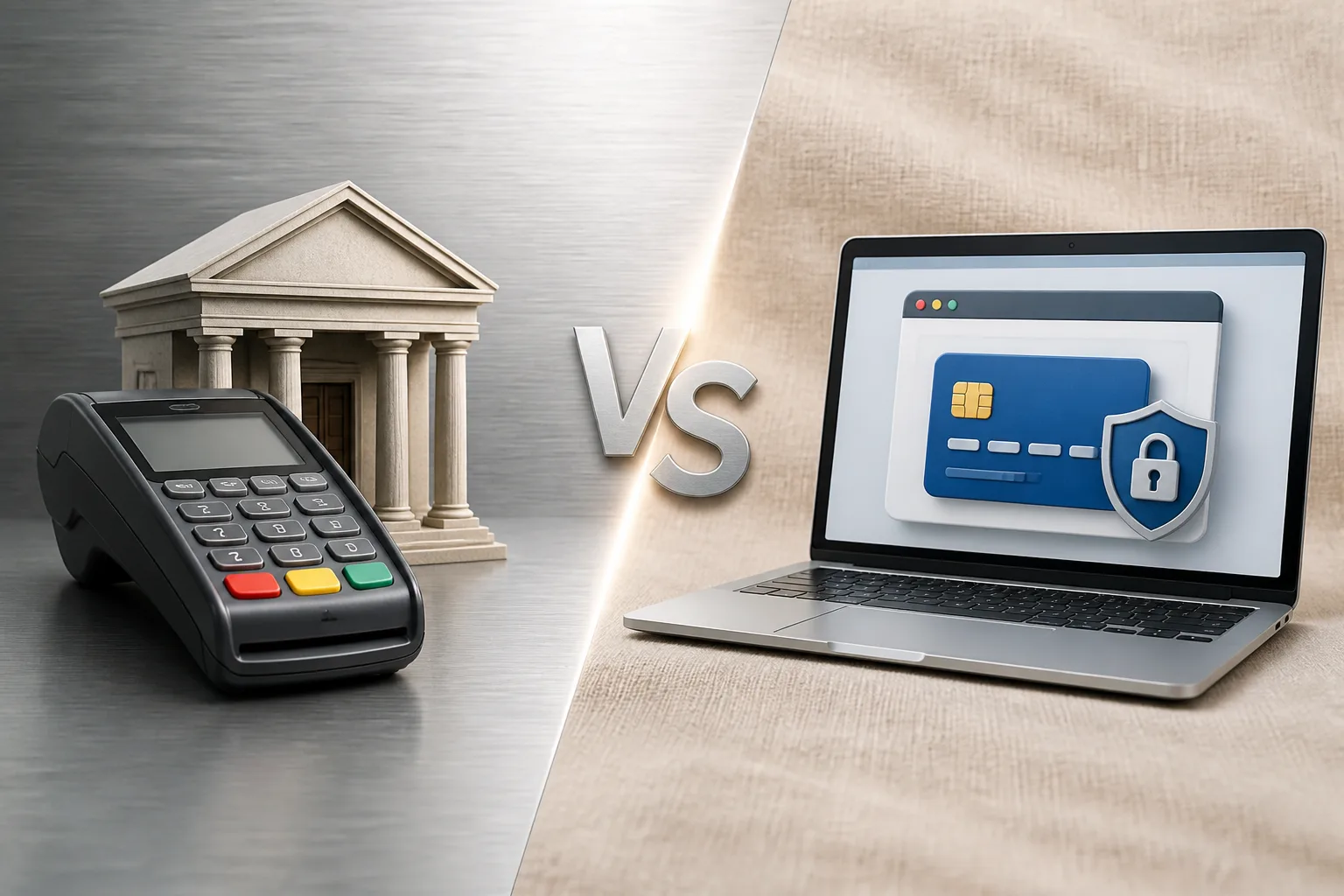 Merchant Account vs Payment Gateway for UAE Businesses beside a corporate bank card, payment terminal