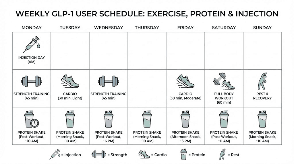 Combined weekly resistance training and protein shake schedule for GLP-1 users