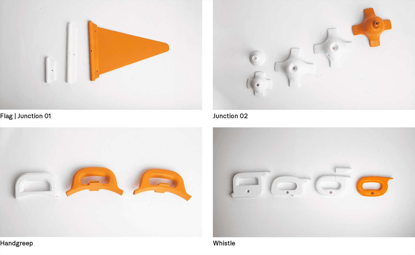 Photo of the 'Rescue Buoy's' 3D-printed modular components laid out on a white surface, showing the flag, various connectors, ergonomic hand grips, and the whistle handle.