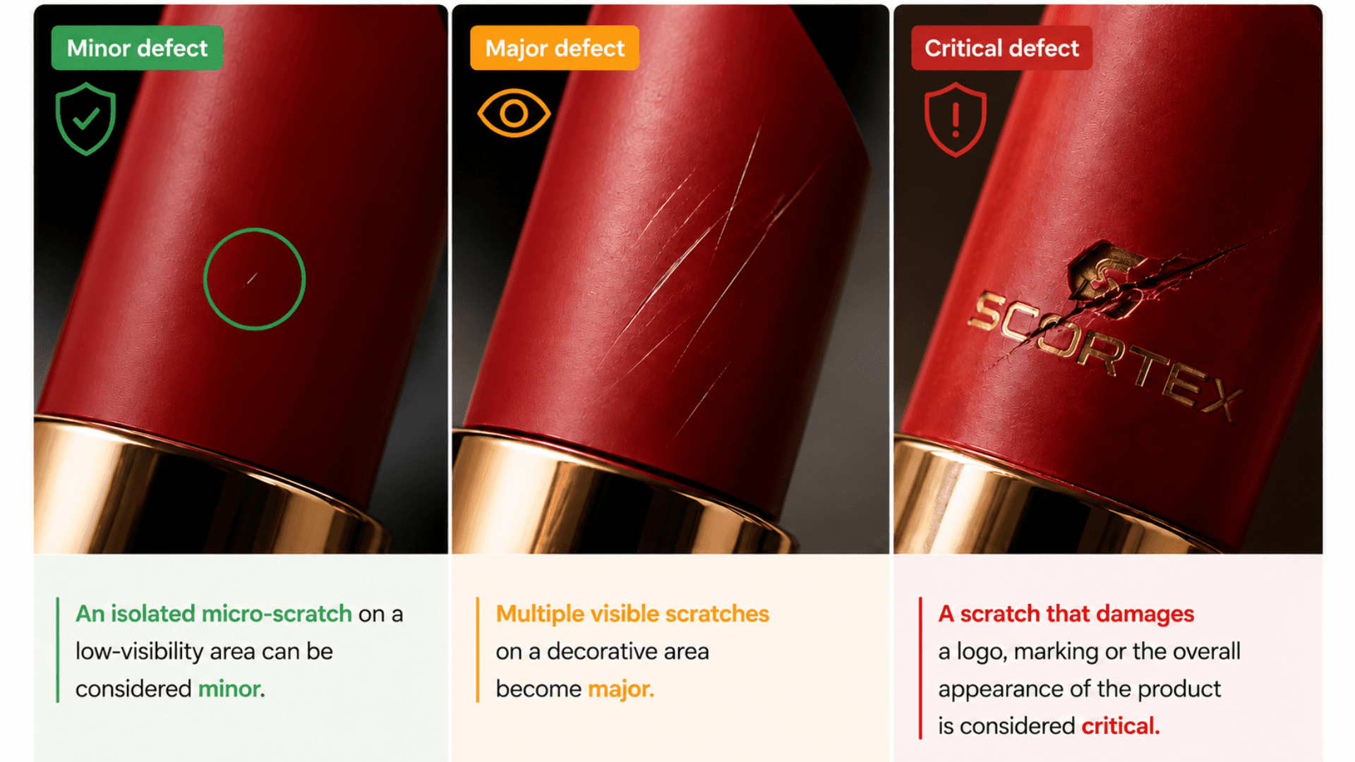Lipstick minor, major and critical defects