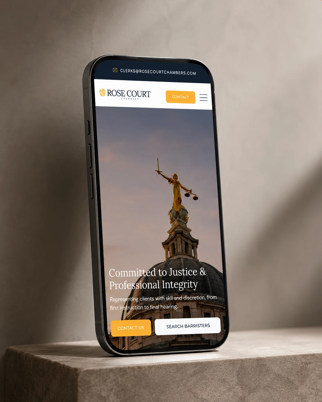 Website for Rose Court Chambers on a smartphone.