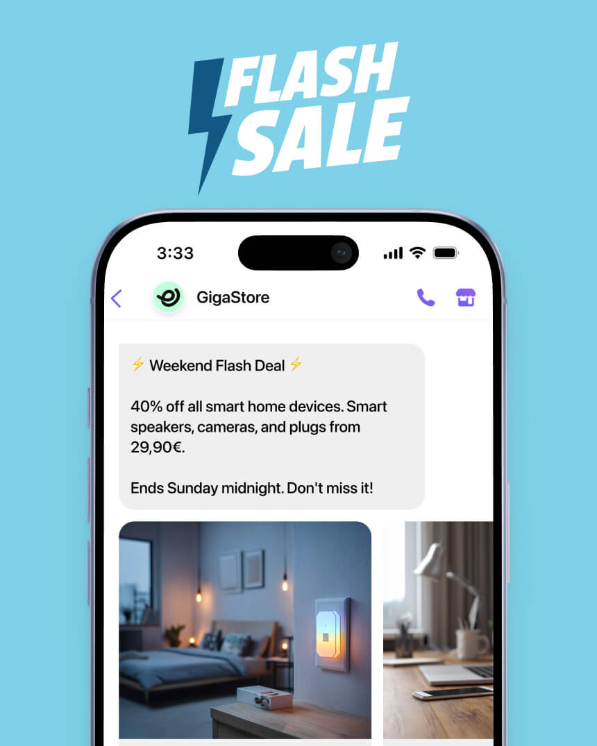 Viber messaging campaign showcasing a flash sale message, targeting men, from an electronics and technology e-commerce store.