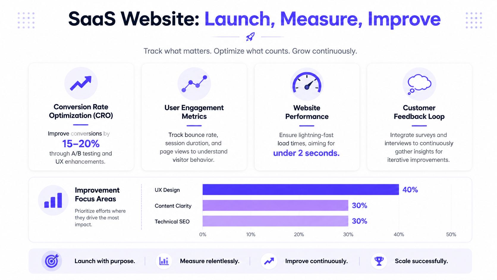 An infographic titled SaaS Website Launch, Measure, Improve showcasing key strategies for optimizing and growing software businesses.