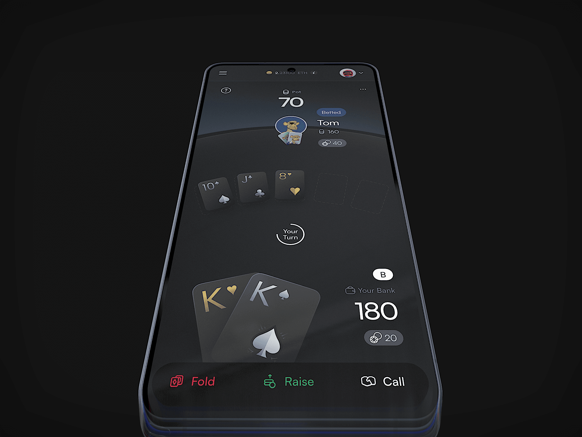PokerDAO mobile poker game with a live hand and action bar
