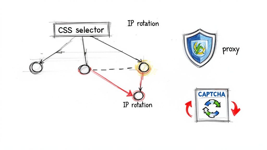 A diagram illustrating web scraping techniques including CSS selectors, IP rotation, proxies, and CAPTCHA handling.