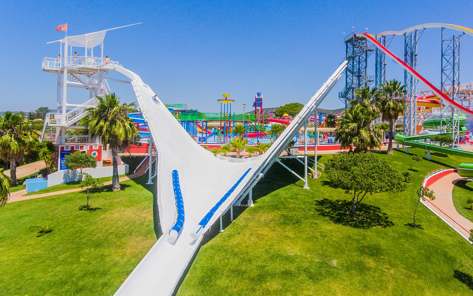 Water slide and attractions at Aquashow Water Park, Portugal.