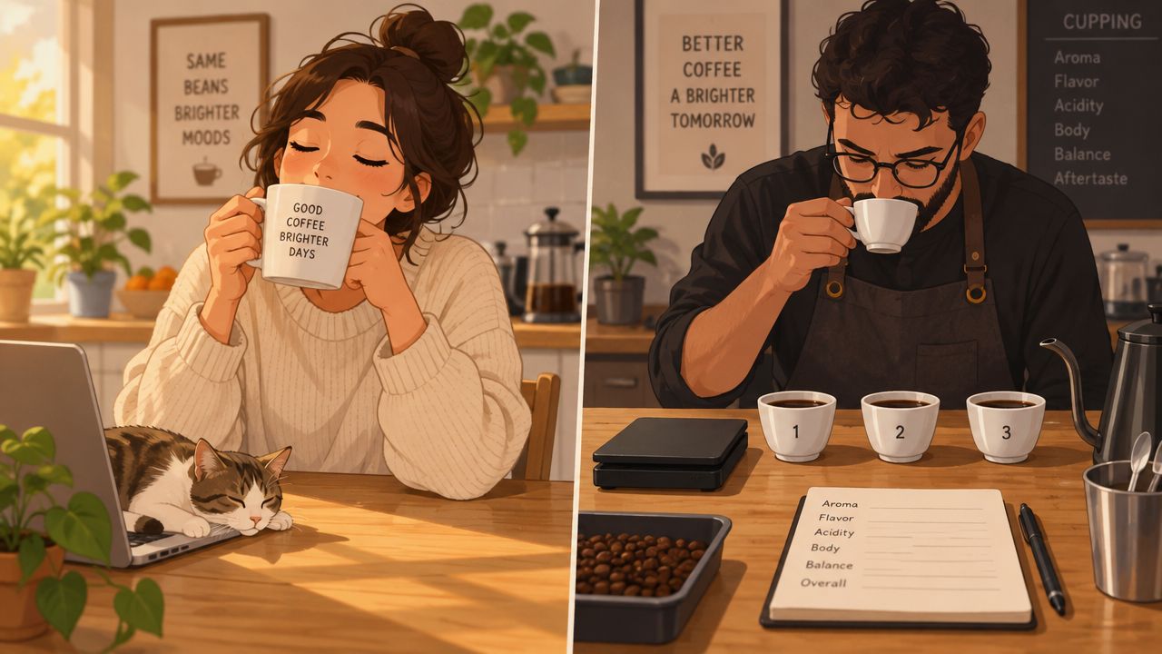Una mujer disfrutando de un café en casa y un hombre realizando una cata profesional de café