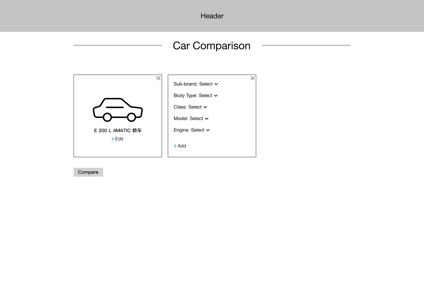 Car-comparison wireframe showing detailed comparison content.