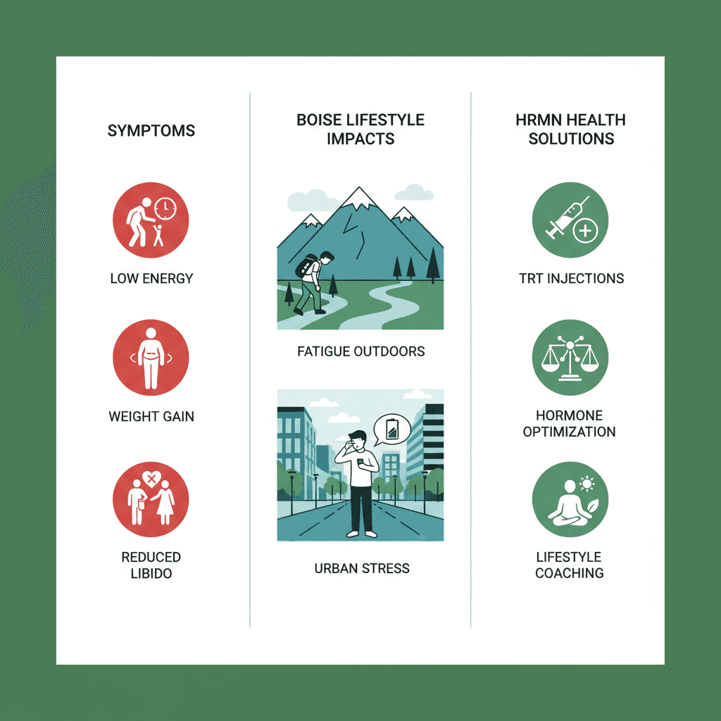 Infographic comparing low testosterone symptoms, Boise lifestyle impacts, and HRMN Health treatments with icons and minimal labels