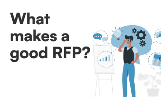A man thinking about different data bases with a blue tint. There are words on the left side that denotes "What makes a good RFP?"