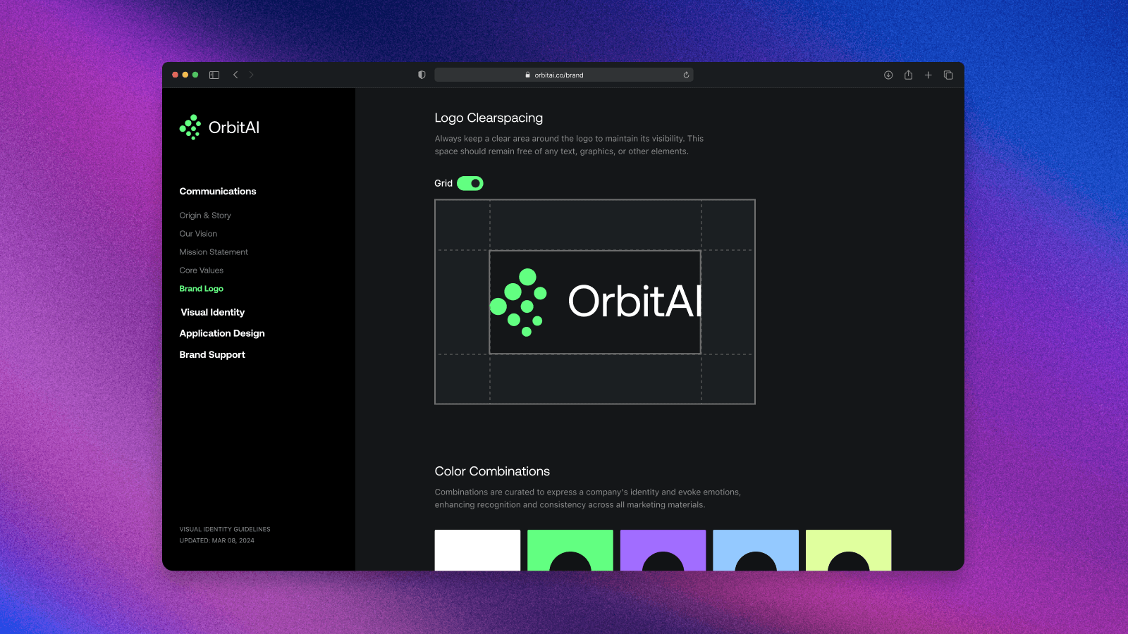 Mockup of online brand guidelines inside a browser.