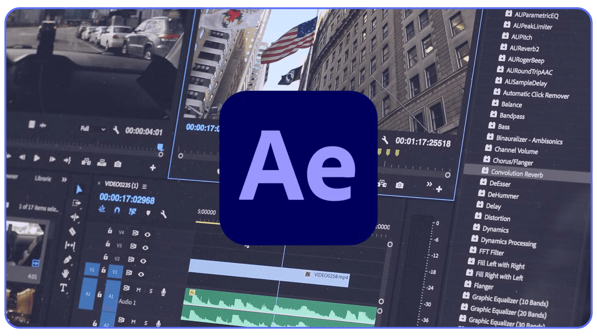 Adobe After Effects logo overlay on a video editing workspace interface