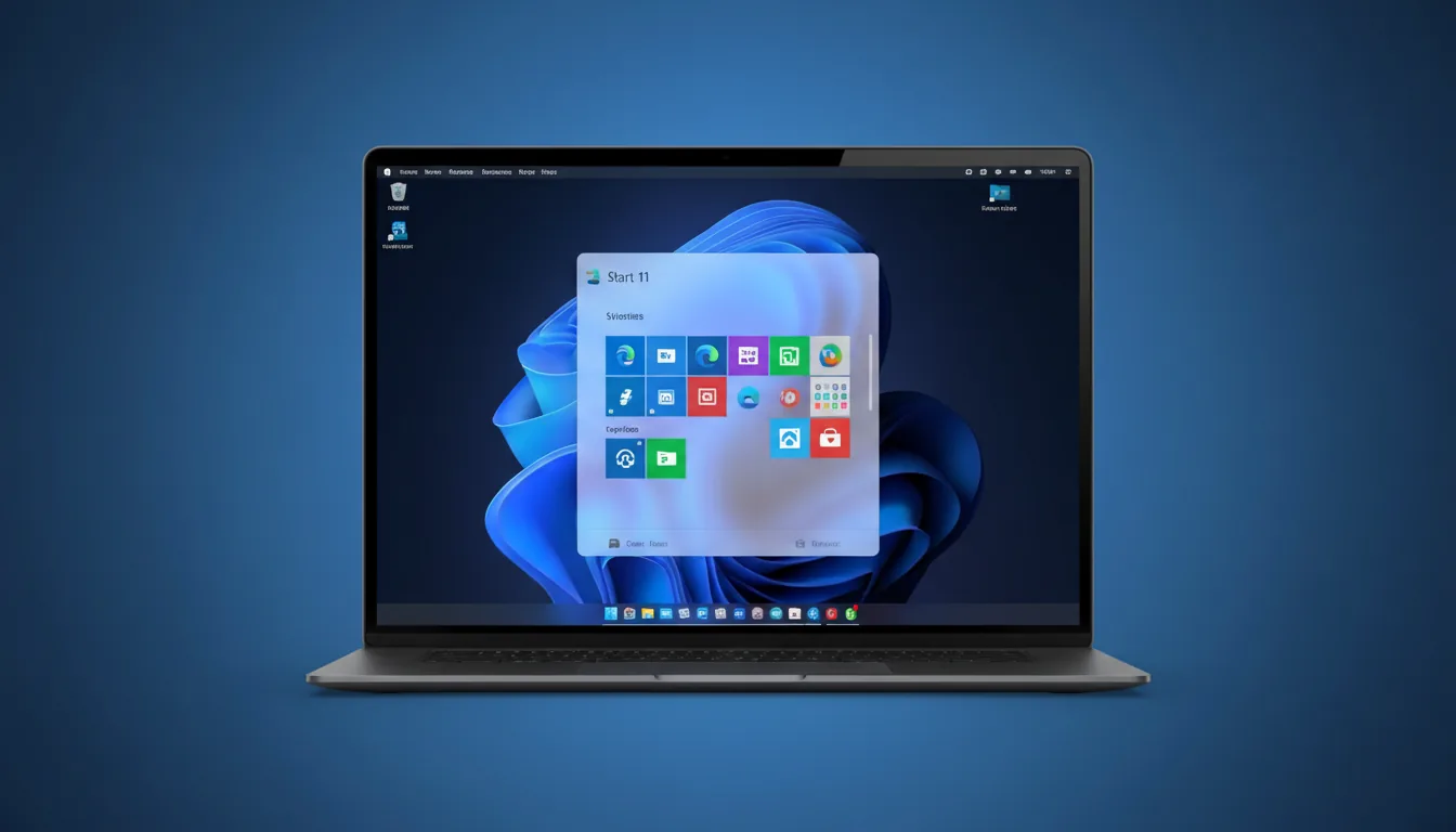 A clean product mockup of a modern dark grey laptop, centered on a vibrant blue gradient background with soft rounded corners. The laptop screen displays a macOS dark mode interface with an abstract dark purple and blue wallpaper. A window running the Windows 11 operating system is open in the center. The Windows 11 Start Menu is prominently displayed as a translucent, light-mode panel, showing a grid of colorful, recognizable application icons. The macOS dock and top menu bar feature abstracted UI elements. The entire image has soft, even lighting and extremely sharp focus.