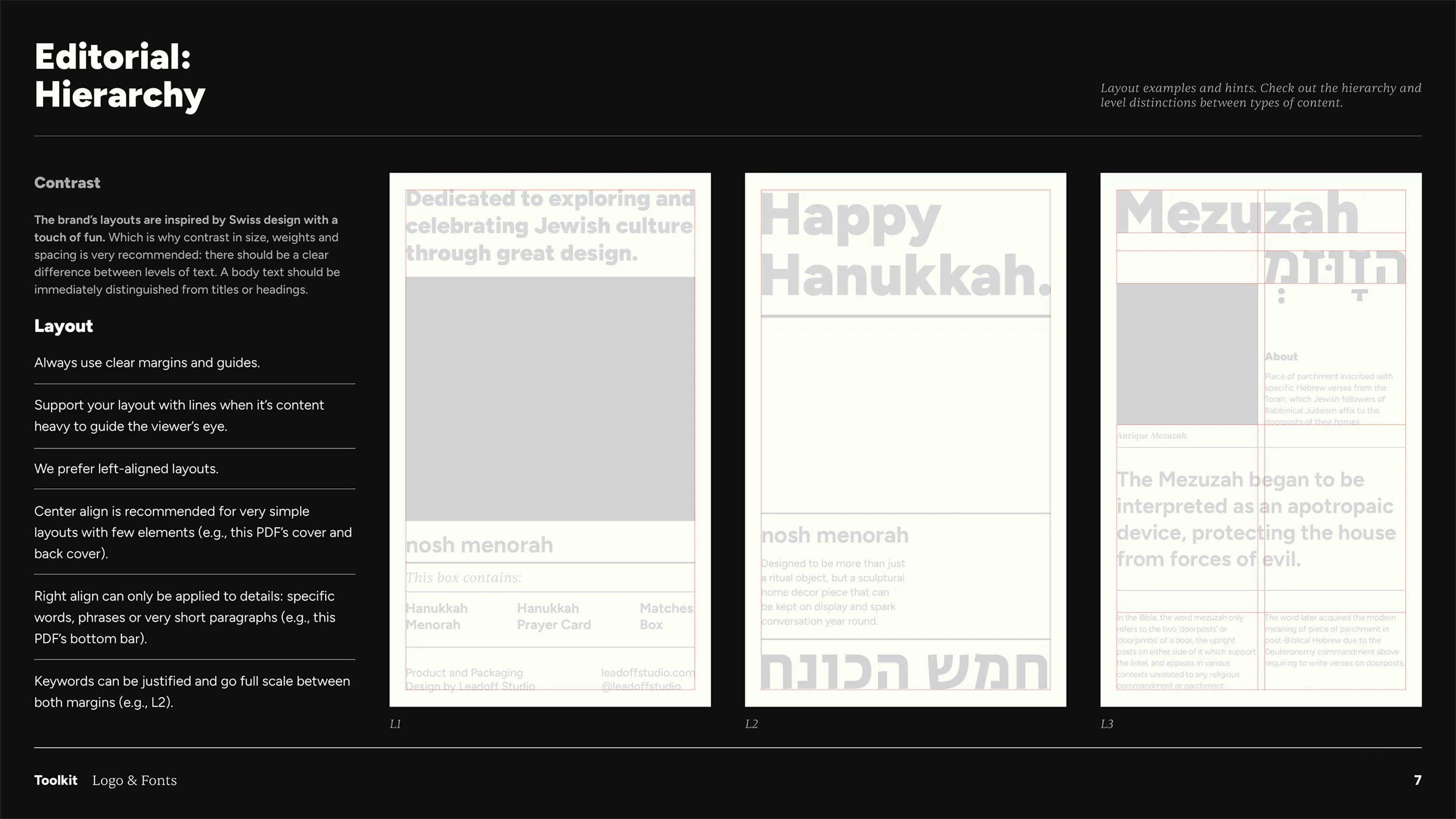 Modern Mensch editorial hierarchy guidelines with sample layouts for Hanukkah and Mezuzah content