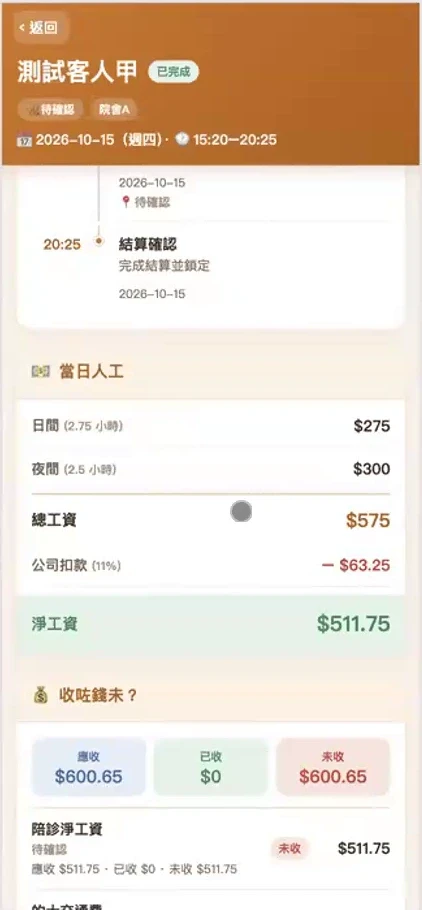 陪診助手結果查閱畫面；金額及個案為模擬示範。