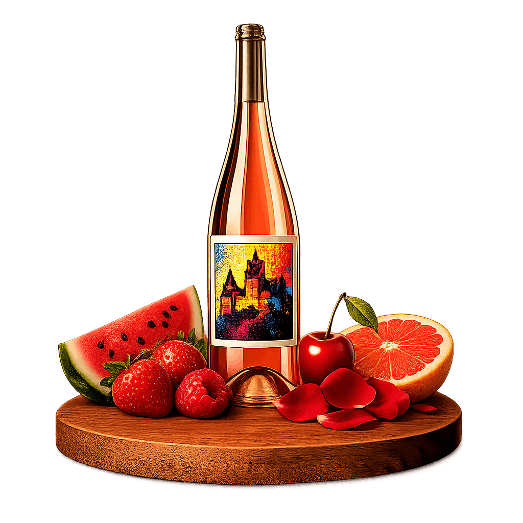 Artistic label and flavor profile for Romanian Rosé on a rustic wooden table.