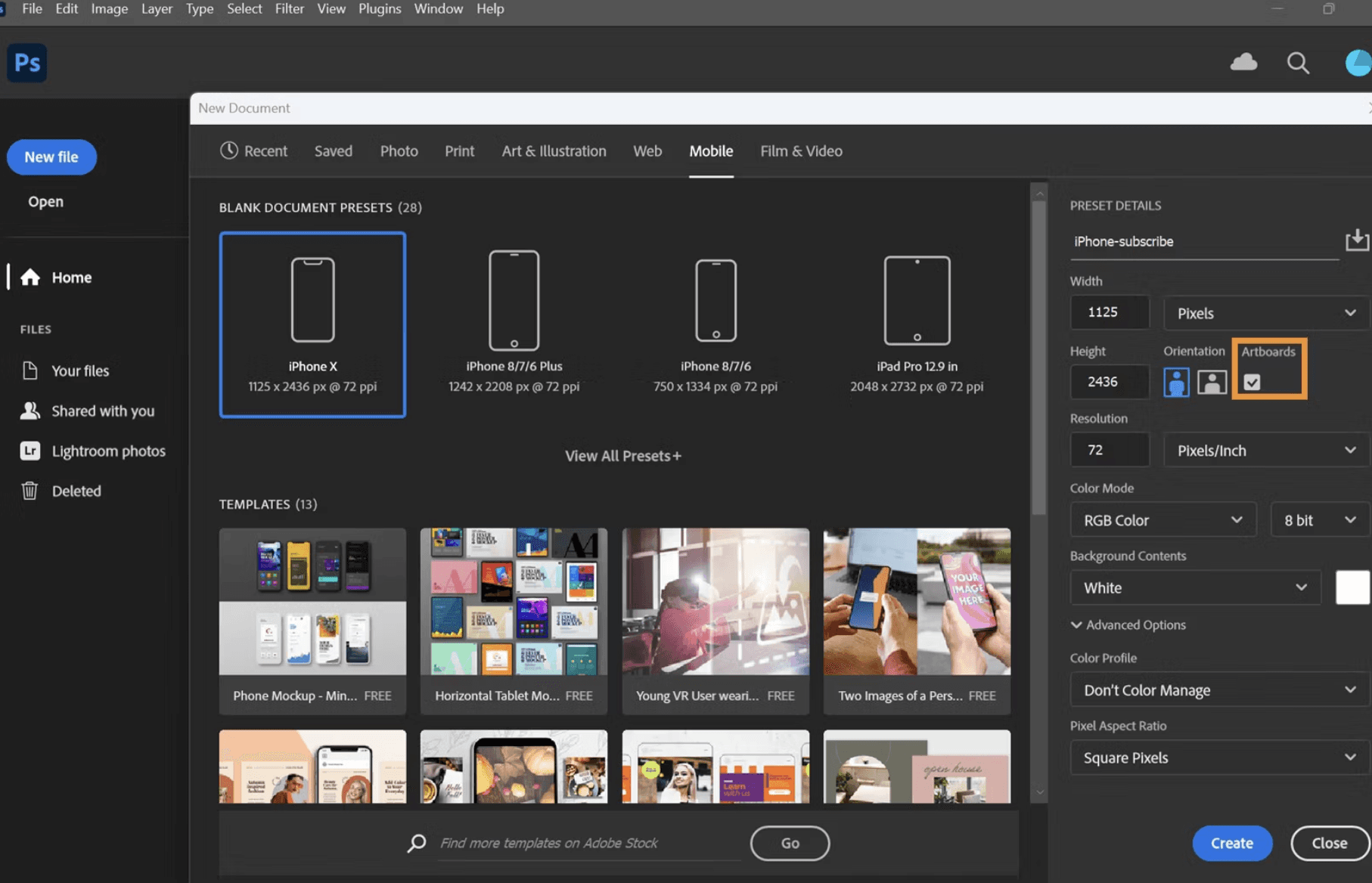Photoshop New Document dialog with a mobile preset and the Artboards option selected.