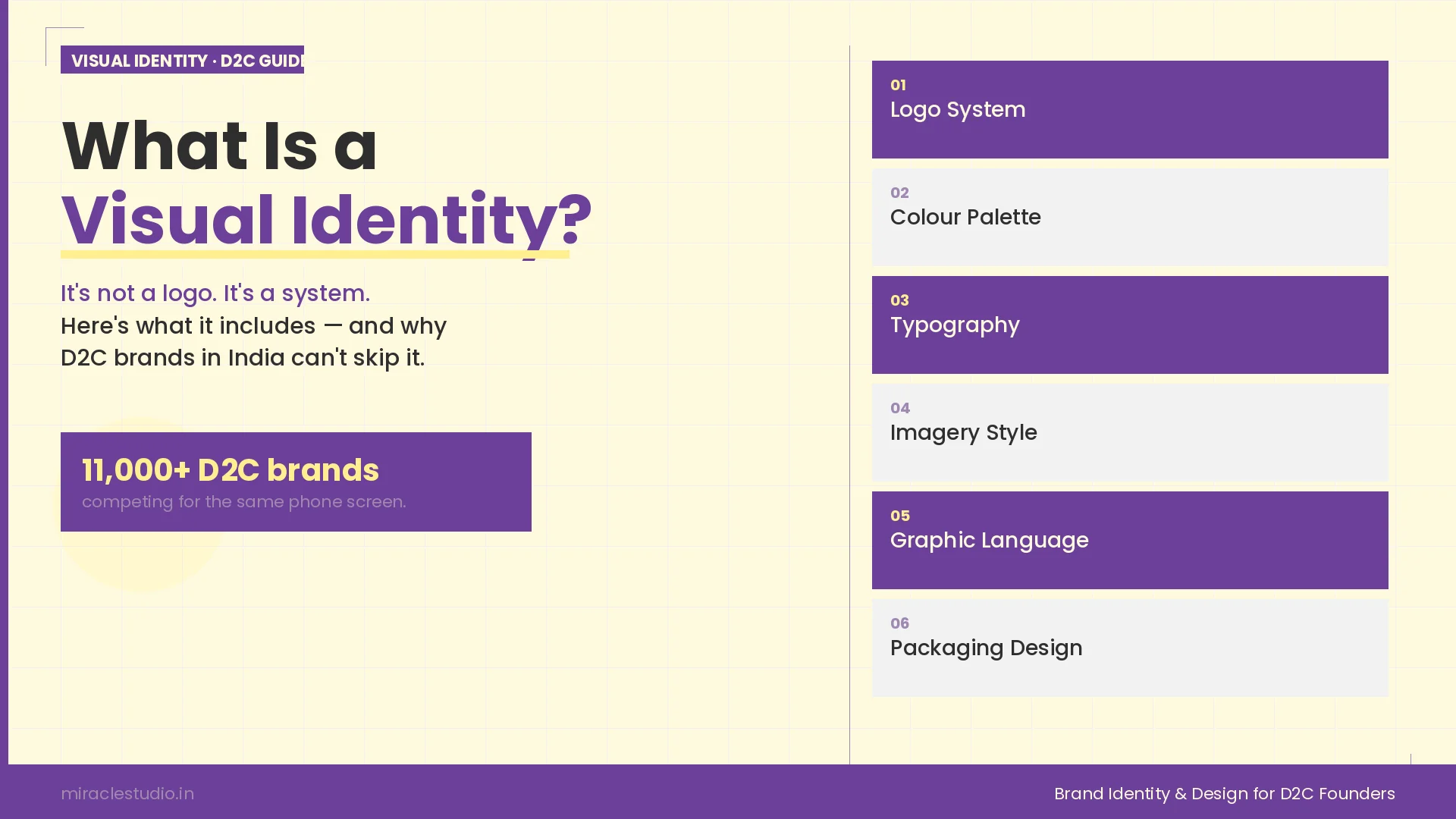 Visual identity system diagram for D2C brands — logo, colour, typography, and packaging elements illustrated