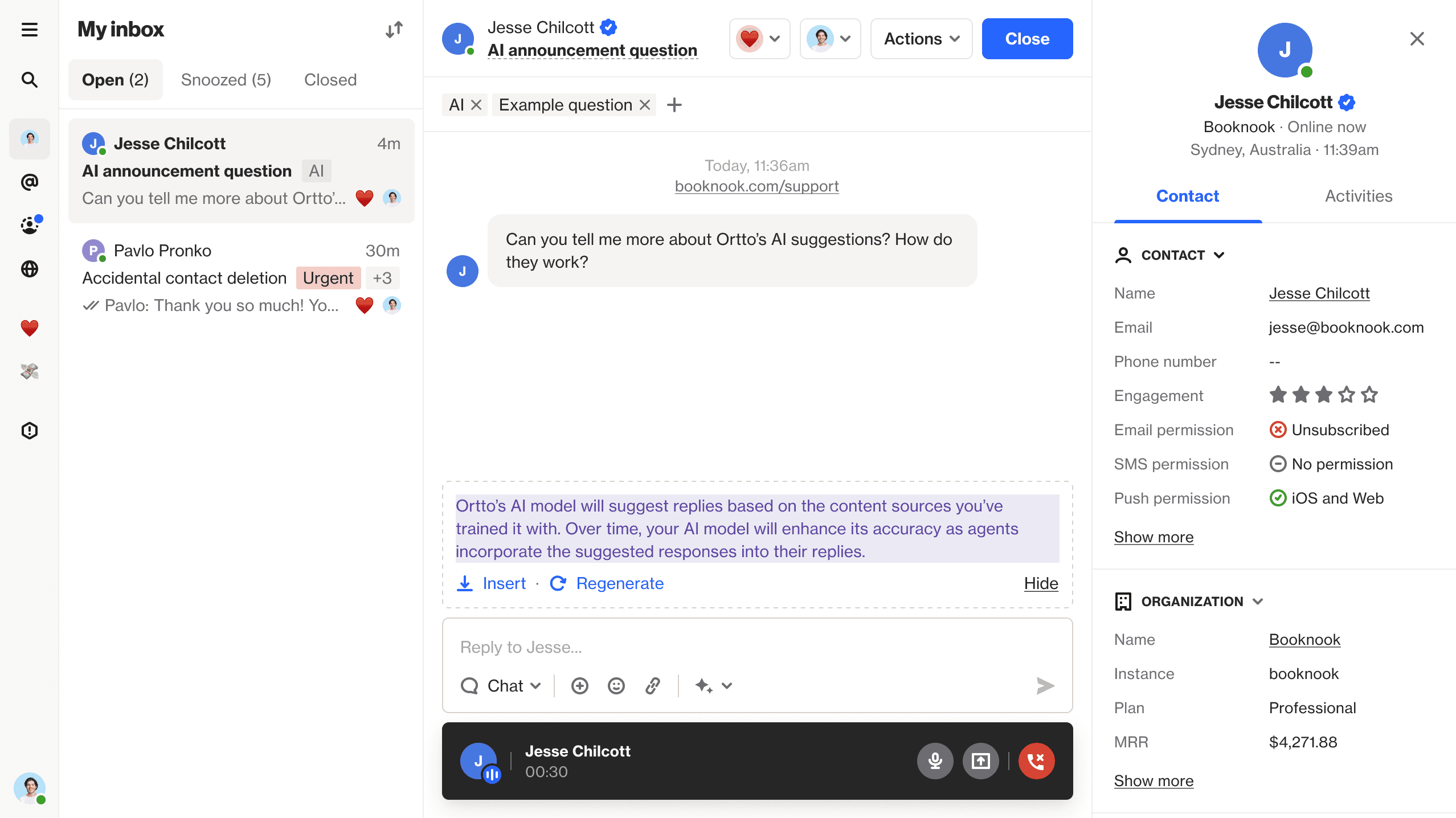 Screenshot of the Talk Inbox, showcasing the Customer Data Platform, AI suggested replies, and voice and screen sharing.