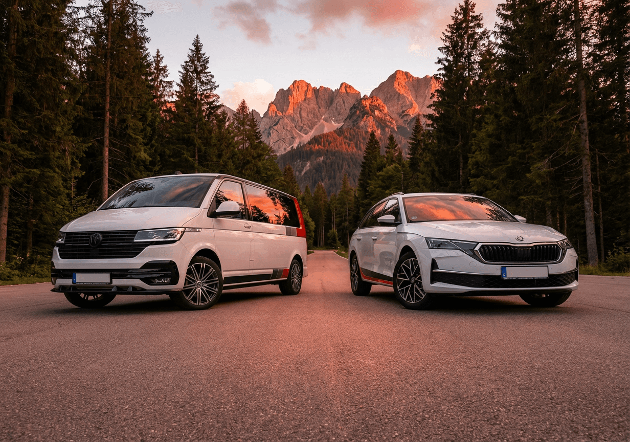 Ein weißer Kleinbus und ein Pkw fahren bei Sonnenuntergang auf einer Straße mit Bergen im Hintergrund. Bäume säumen die Straße.