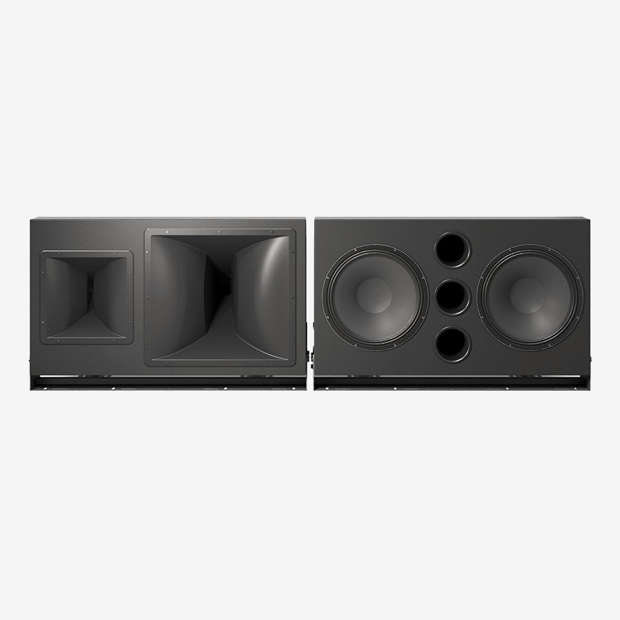 Dual black speaker cabinets, front views.
