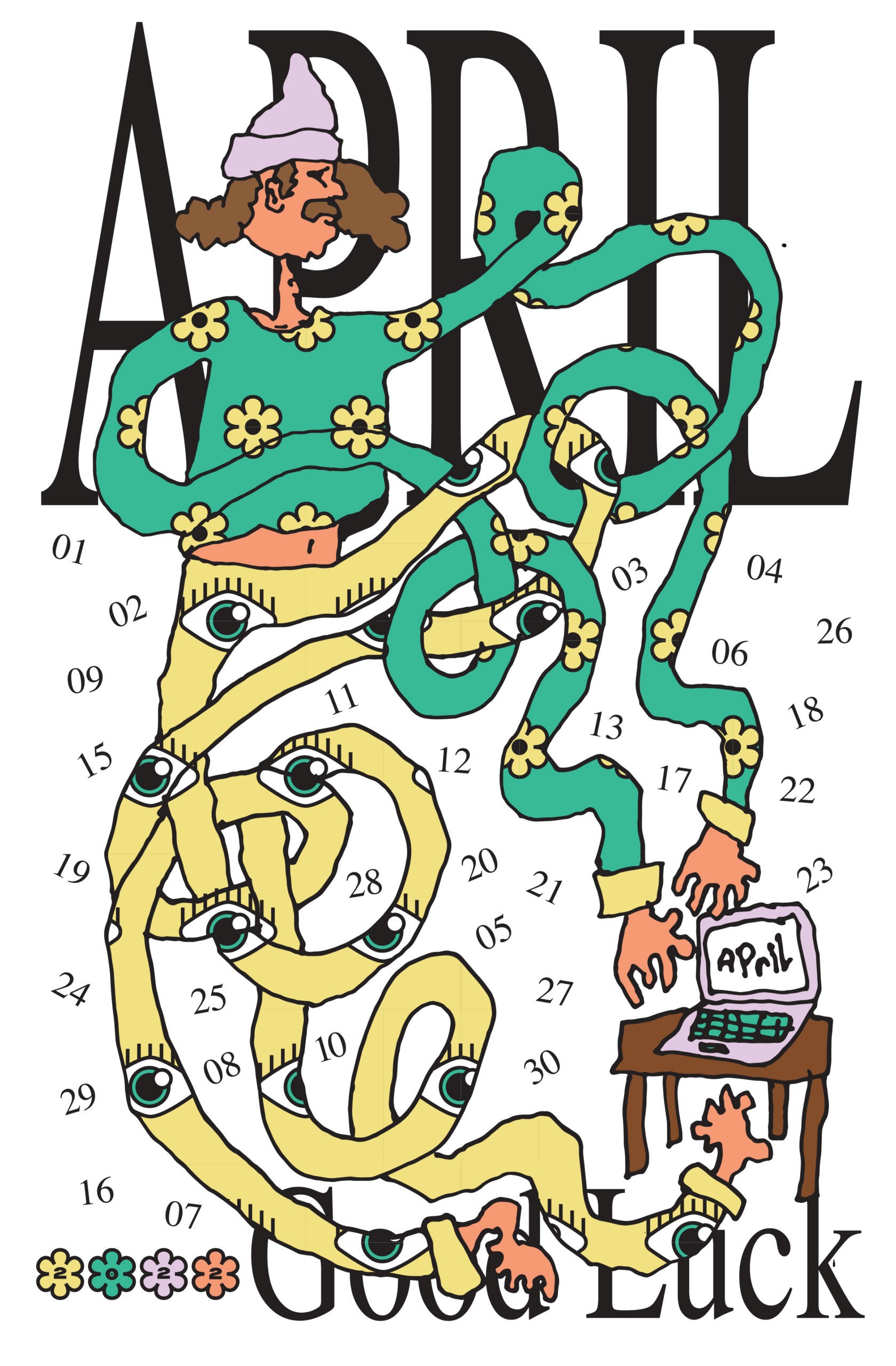 April month illustration with a man with feet and hands tangled between dates to reach a computer on a desk in the lower right corner