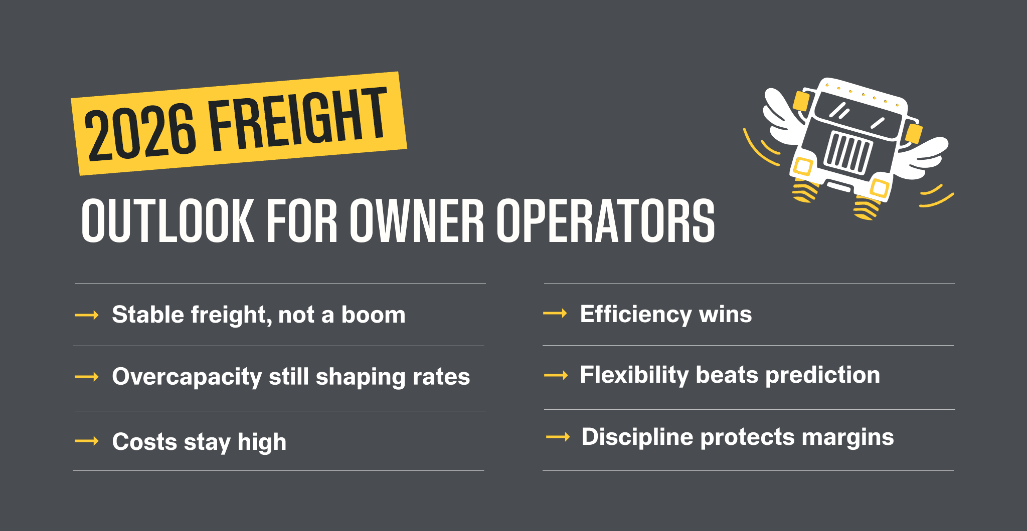 Infographic outlining six key features of the 2026 trucking outlook, including stability, impact of overcapacity, high costs, efficiency wins, the need for flexibility.  