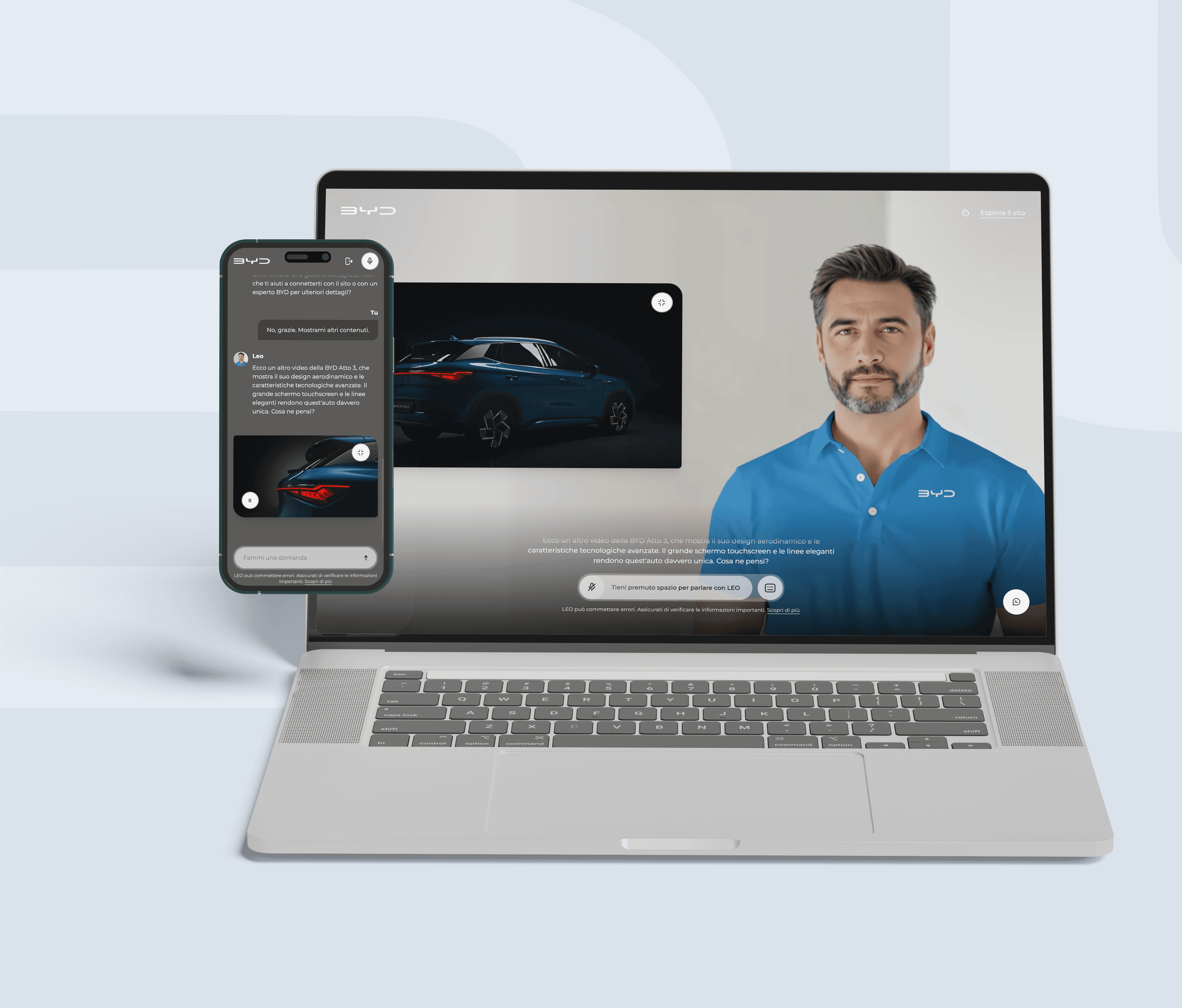 Interfaccia dell'agente conversazionale LEO su Desktop e mobile, viene mostrata la chat che tiene traccia della conversazione e come LEO offra un volto a cui rivolgere direttamente le proprie domande..