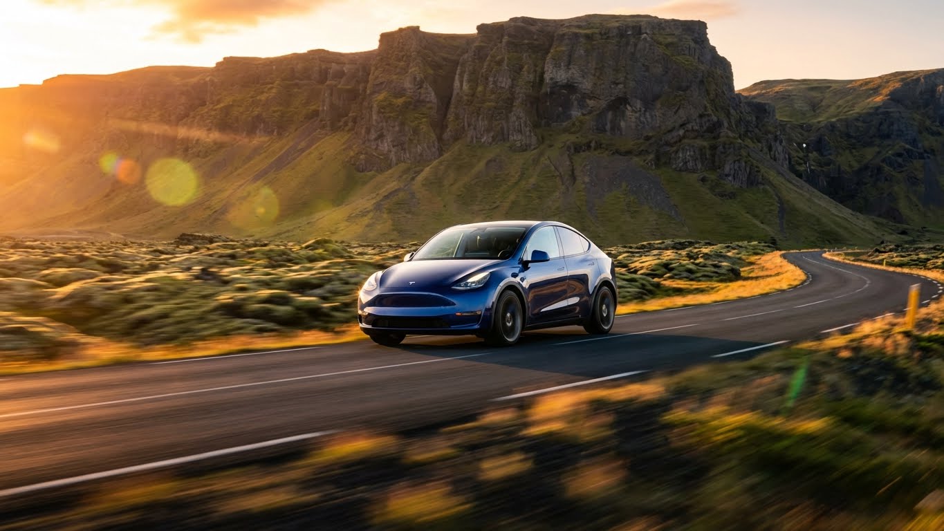 Blue Tesla Model Y driving on a scenic coastal road at sunset, representing the regular car rental category.