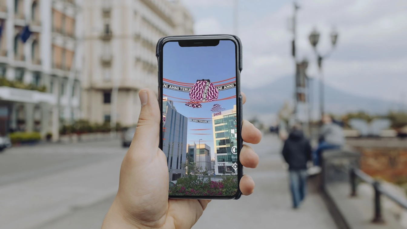 Web AR visuals of banners in an urban setting