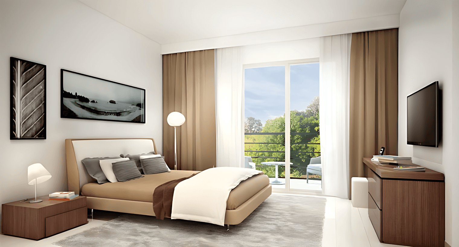 A modern bedroom in Safi Apartments featuring a bed, dresser, and television against a stylish backdrop.