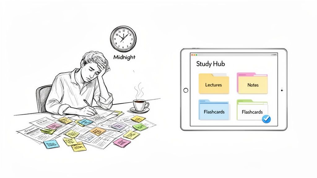 A student studying late at midnight with physical notes versus a tablet showing an organized digital 'Study Hub'.