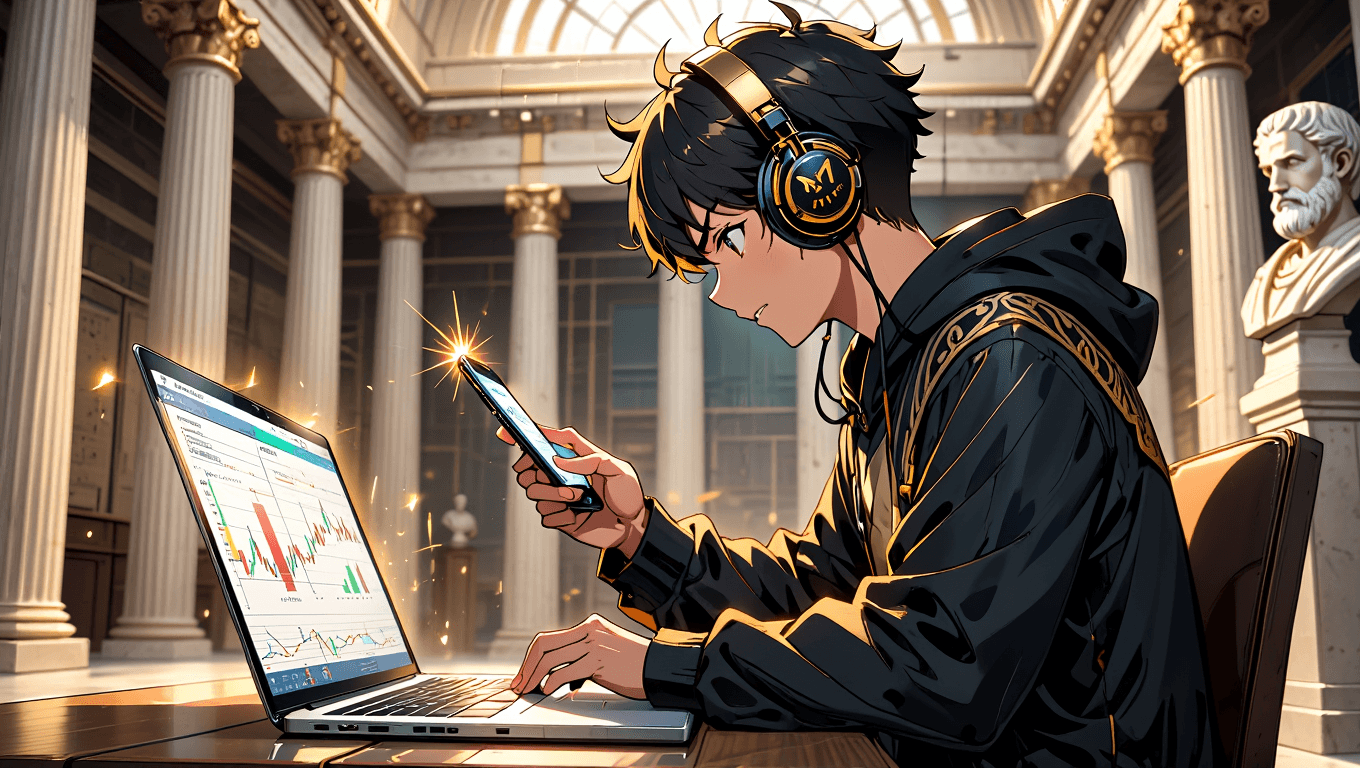 A happy student uses a laptop to study complex business concepts.