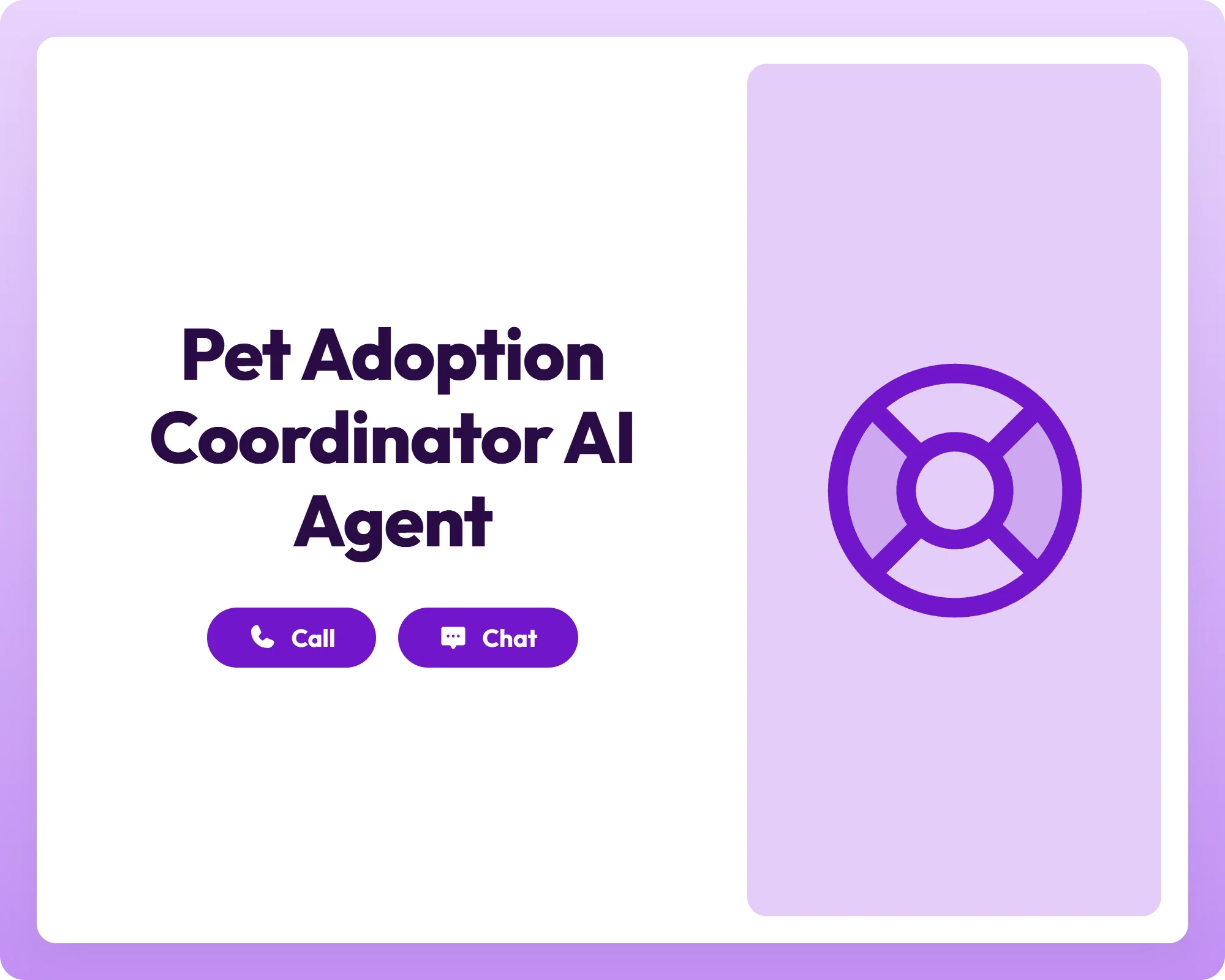 ai business agent supporting pet adoption with call and chat buttons beside a lifebuoy icon