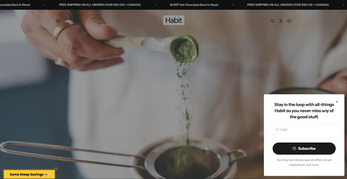 Habit homepage with a bottom-right floating email signup box