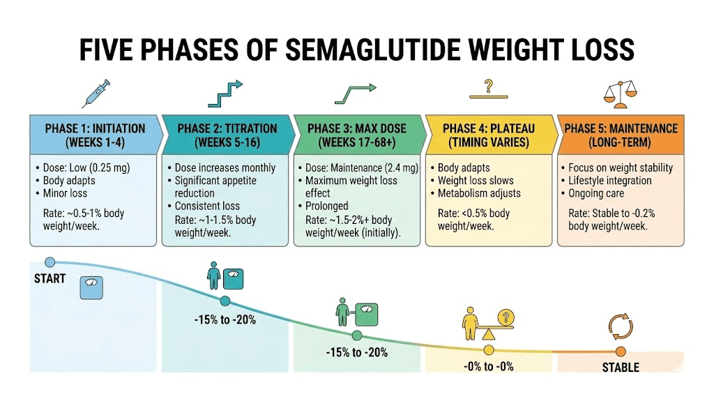 Five phases of semaglutide weight loss rate from escalation to maintenance