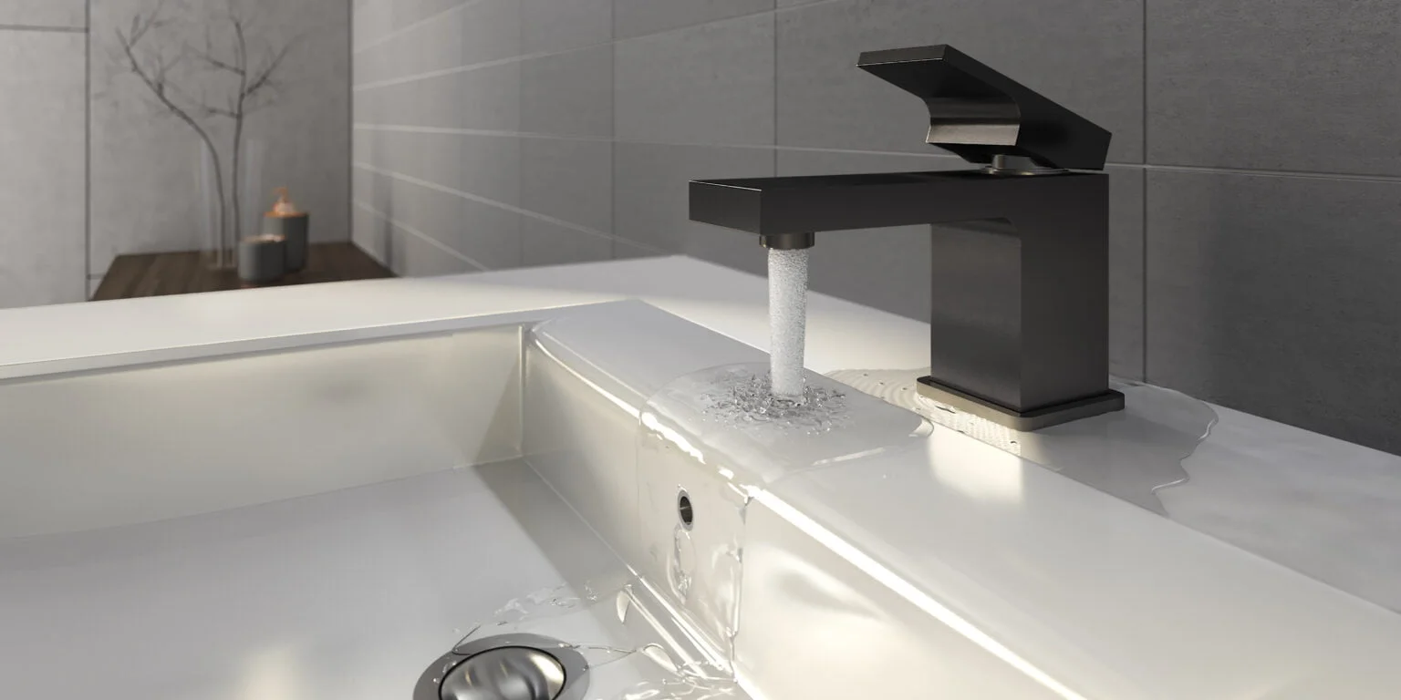 Close-up of a black tap overflowing a white basin, from the 'Is your builder a master builder?' campaign