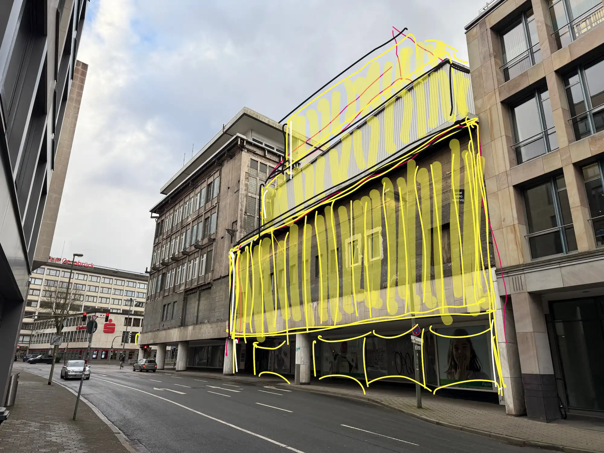 Isometrische Zeichnung eines Bauprojekts mit mehreren Gebäuden und markierten Strukturen in Rot