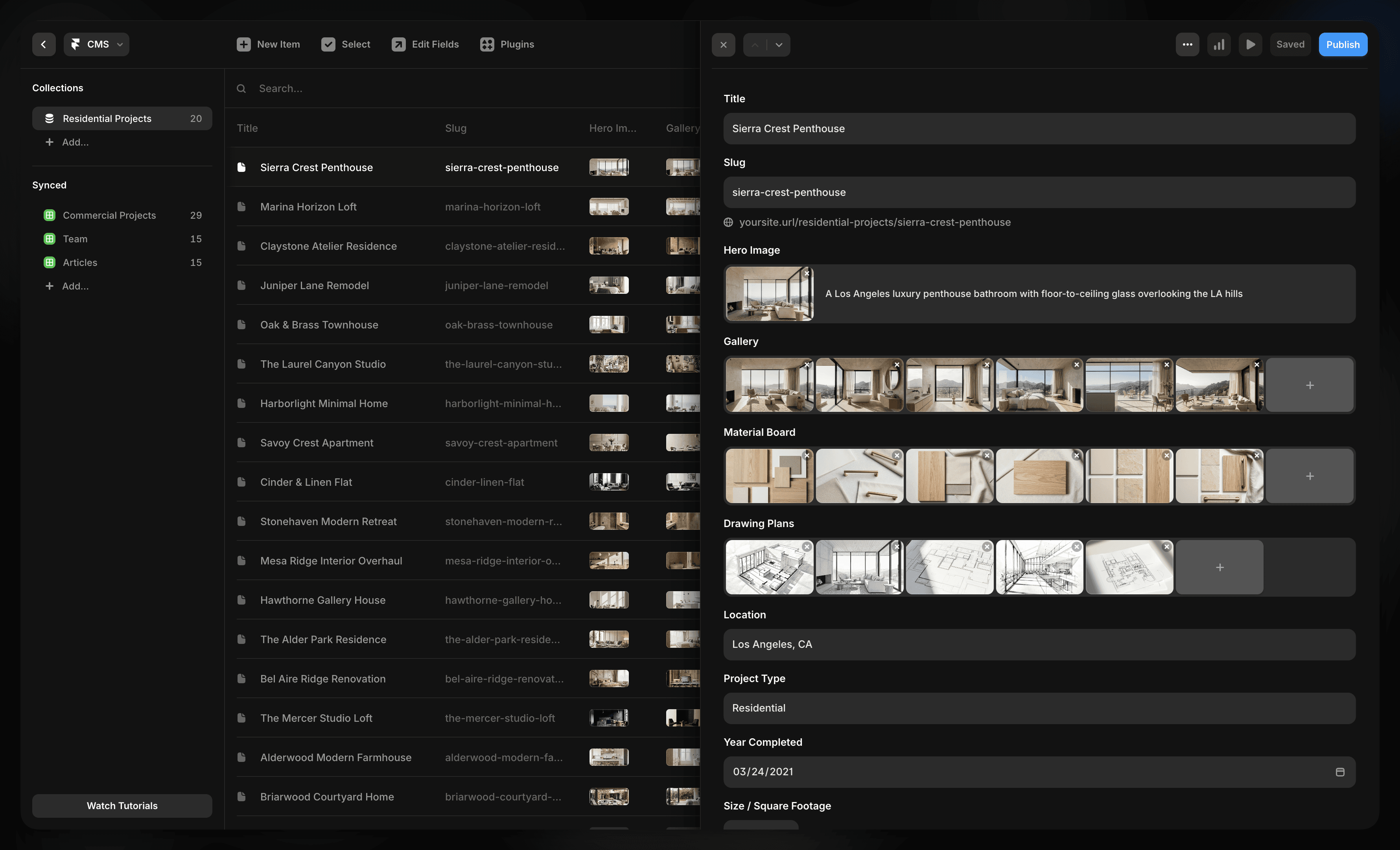 CMS interface displaying an interior design project with organized fields for hero images, galleries, material boards, and drawings inside a dark-themed dashboard.